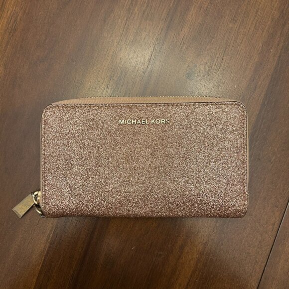 Michael Kors Rose Gold/Brown Glitter Wallet/Wristlet - Picture 1 of 16